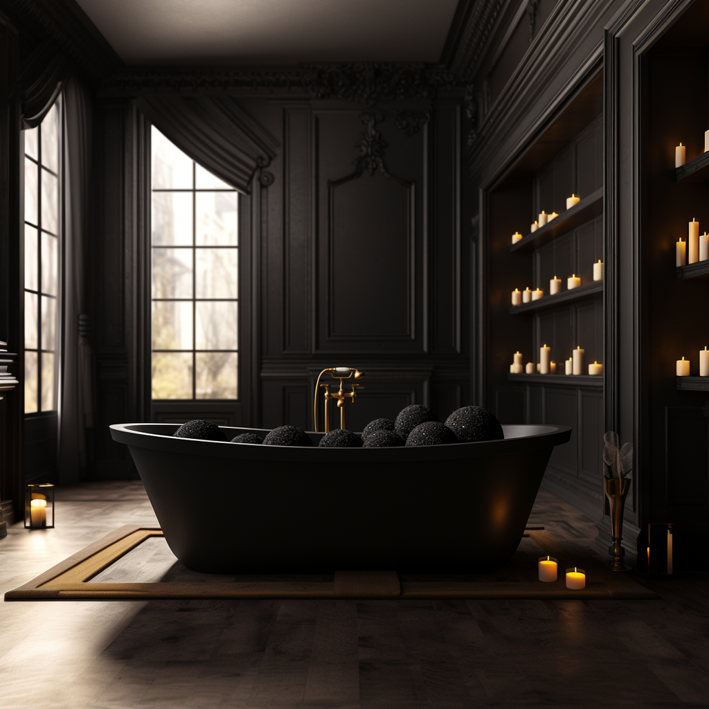 A sophisticated ambiance of dimly lit candles envelops a black bathtub, filled with Black Velvet 4 oz bath bombs, creating an atmosphere of indulgent tranquility.