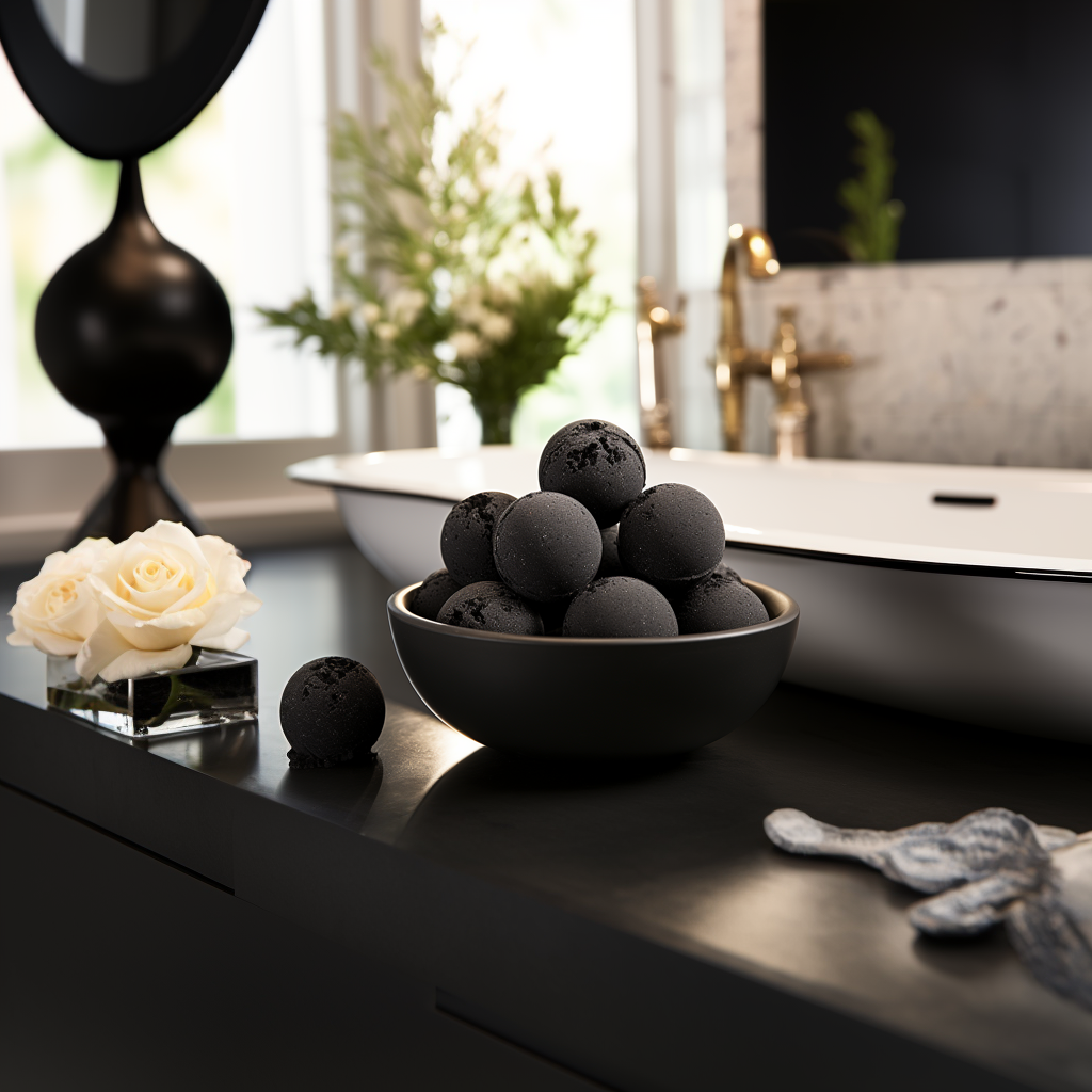 Black Velvet 4 oz Bath Bombs resting in an exquisite black bowl beside a luxurious upscale bathtub, creating a scene of relaxation and indulgence.